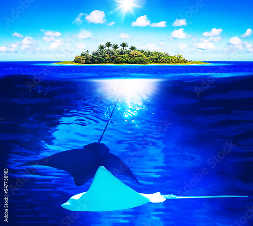 Beautiful sunny tropical beach on the island paradise and underwater world with manta rays or stingray