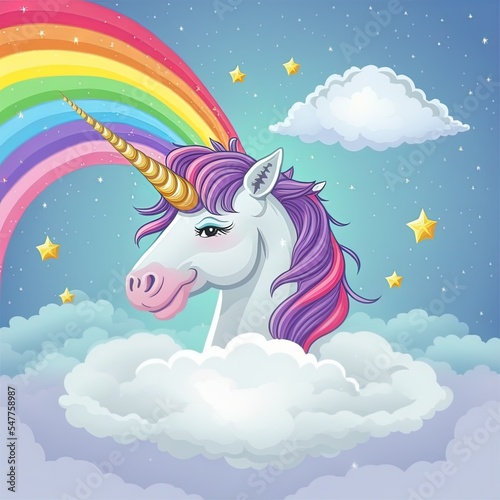 2d illustrated background with a rainbow unicorn in cloudy sky for banners, cards, flyers, social media wallpapers, etc.