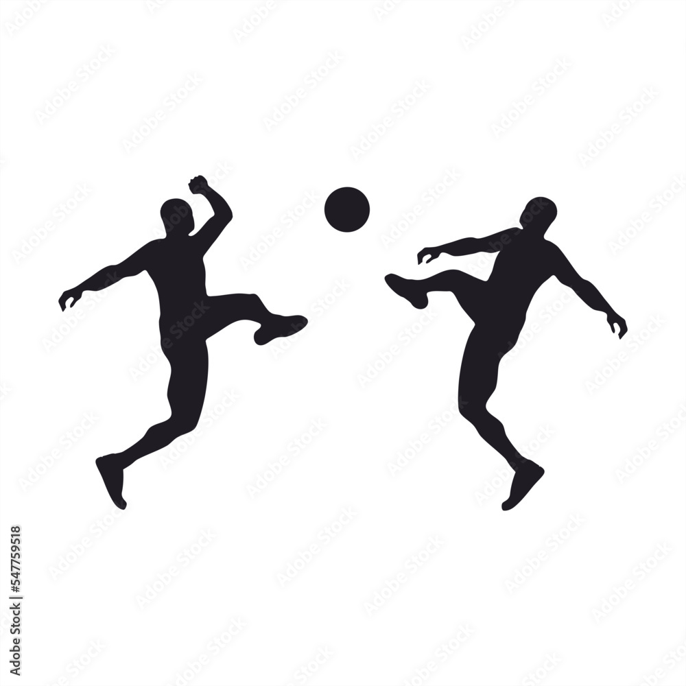 Silhouettes of action soccer players racing the ball in the air