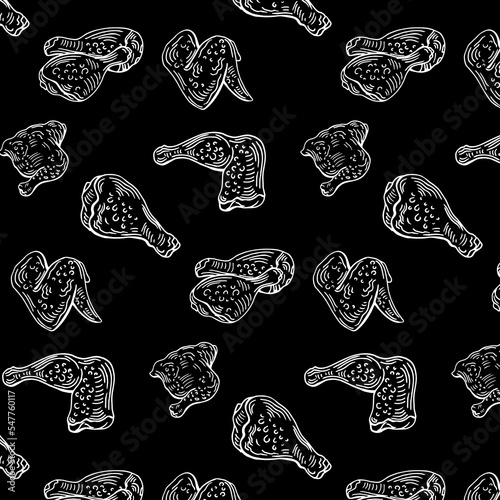 Chicken wings and legs, food chalk vector seamless pattern on black background. Concept for menu, cards, wallpaper, wrapping paper