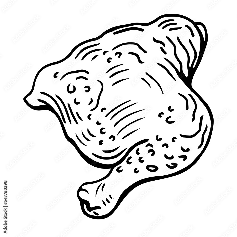 Chicken leg. Juicy meat with cuts. Sketch. Vector illustration. Coloring book for children. Chicken leg ready for frying. Outline on isolated background. Doodle style. Idea for web design. Chicken leg. Juicy meat with cuts. Sketch. Vector illustration. Coloring book for children. Chicken leg ready for frying. Outline on isolated background. Doodle style. Idea for web design.