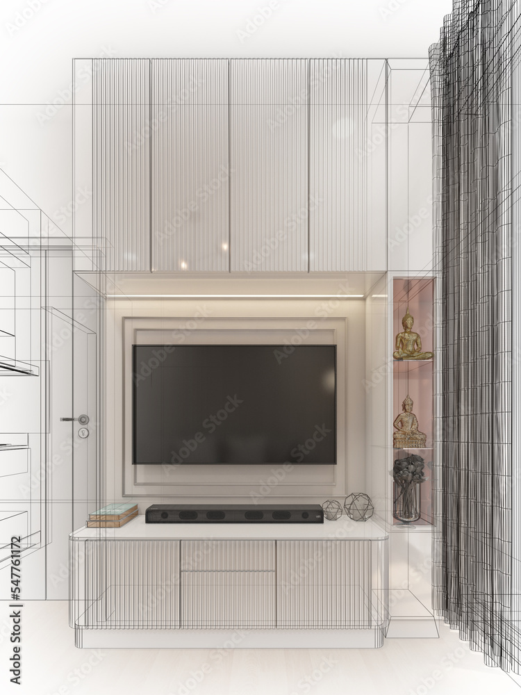 Fototapeta premium sketch design of interior living, 3d rendering