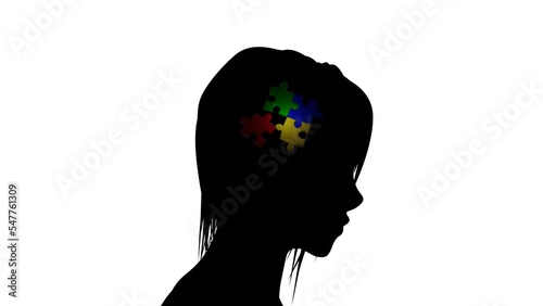 Child girl head profile silhouette with mosaic symbol of autism. A jigsaw puzzle that symbolizes autism spectrum disorder and neurodiversity awareness for the child.