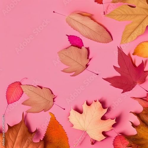 Autumn composition Colorful Dry maple leaves on pink brown background Autumn, fall, thanksgiving day concept Flat lay, top view, copy , anime style