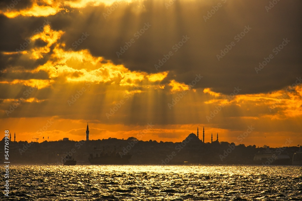 Mosque and Bosphorus in Istanbul at sunset Turkey