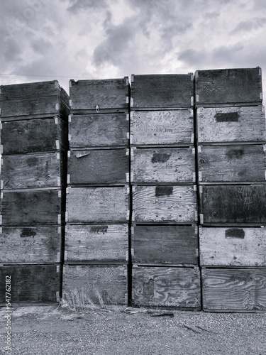 Black and white image of agricultural wooden frruit boxes stacked on ranch or farm photo