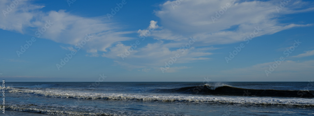 Panoramic image of the beach and the surf at Kill Devil Hills on the Outer Banks of North Carolina