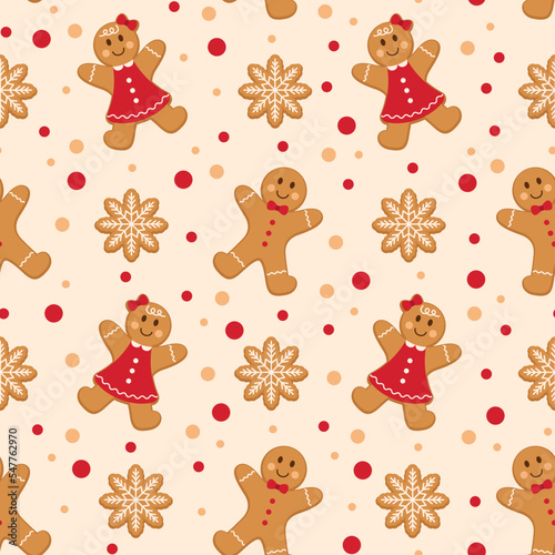 Winter Christmas seamless pattern with Gingerbread man and woman with snowflake cookies. Vector illustration.