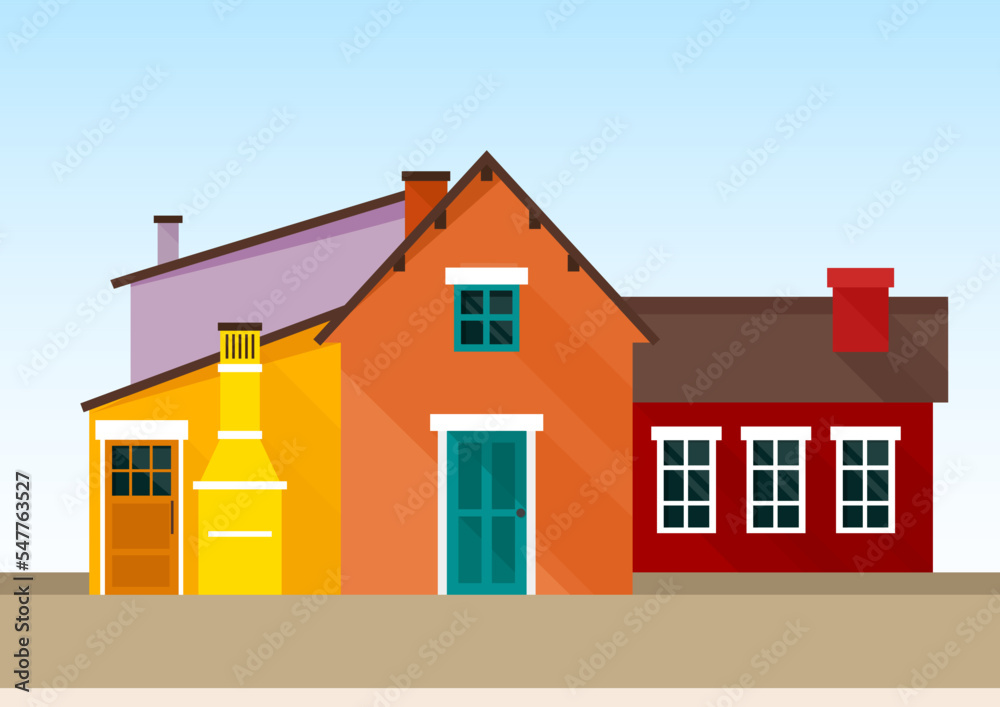 Bright yellow, orange and purple houses with blue windows stand side by side. In the background the sky, in front - the roadbed Bright yellow, orange and purple houses with blue windows stand side by side. In the background the sky, in front - the roadbed