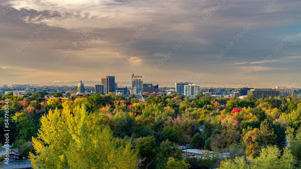 Boise skyline in the fall with many colored trees