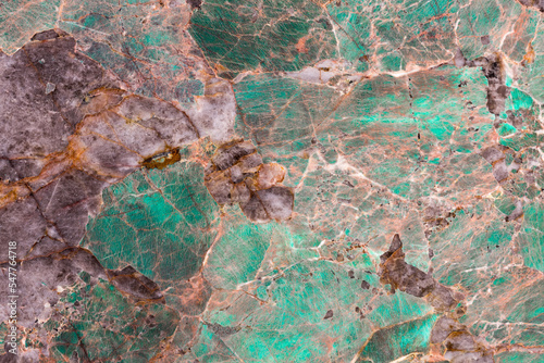 Amazonite texture. Natural patterns and textures of slice of minerals for background. Polished slab of the mineral amazonite sometimes called Amazon stone. Gem, precious stone surfaces as pattern. photo