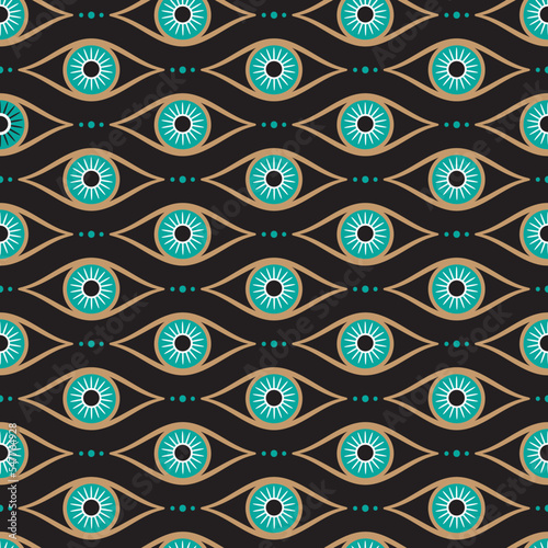 Evil eye vector seamless pattern. Magic, witchcraft, occult symbol, line art collection. Hamsa eye, magical eye, decor element. Blue, white, golden eyes. Fabric, textile, giftware, wallpaper.