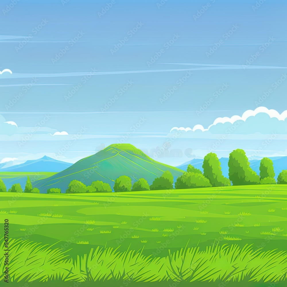 Fototapeta premium Lush light green lawn, field, hills, green deciduous bushes. Countryside, spring or summer time of year. Blue clear sky. Cartoon design for banners, sites. Flat 2d illustrated image of beauty