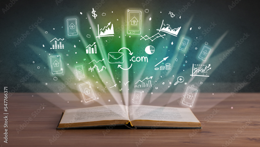 Open book with profit icons above Open book with profit icons above