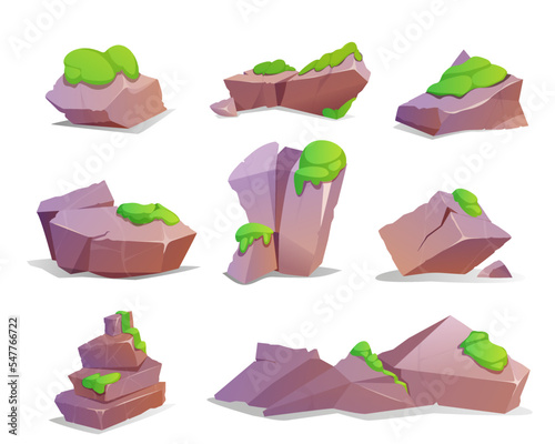 Cartoon set of moss covered stones. Granite blocks, hard rock lumps in green forest lichens. Solid mountain debris or crag for computer games. Broken rocky cobbles isolated on white background. photo
