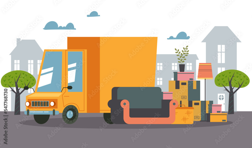 Delivery house move truck furniture cargo abstract design element concept illustration Delivery house move truck furniture cargo abstract design element concept illustration