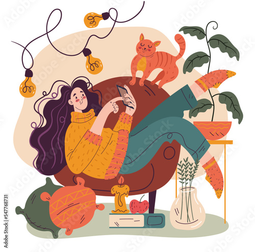 Woman character sitting in chair comfort cozy home abstract design element concept illustration
