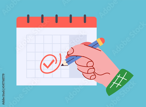 Hand with pen mark calendar important mark date business meeting design element concept illustration
