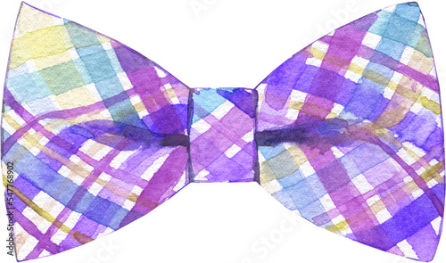 Watercolor violet plaid bowtie illustration. Hipster funny Easter spring clothes accessories, character creator decor fashion element isolated. Cute drawing clipart element cutout for man, woman