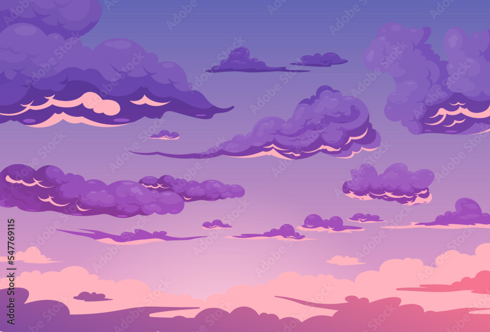 Cartoon summer sunrise with pink clouds, evening cloudy heaven panorama. Morning vector landscape.