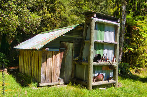 The historic Adams Flat Hut on the Fenian Goldfields, in the rainforest of Kahurangi National Park, Karamea, West Coast, South Island, New Zealand 