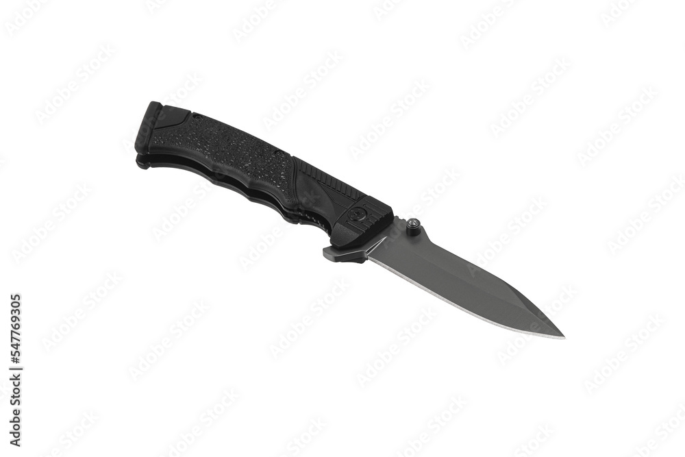 Obraz premium Pocket folding knife isolate on white back. Compact metal sharp knife with a folding blade.