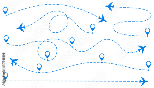 Airplane travel track with GPS point. Line path icon set. Aircraft tracking, planes, map or location pins. Flight start point, tourism way – vector
