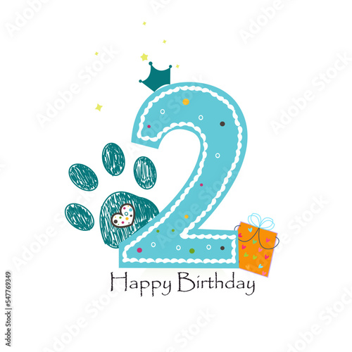 Second birthday one candle greeting card with doodle paw prints. Birthday greeting card