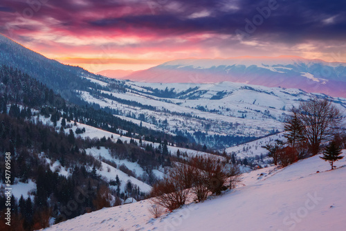 carpathian rural landscape in winter. beautiful sunrise in mountains. snow covered hills. scenery with krasna ridge in the distance. synevir village in the valley © Pellinni