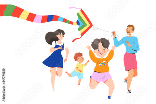 Happy Family Flying Kite with Kids Having Fun and Playing Outdoor Vector Illustration