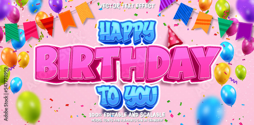 Editable Text Effect, 3D Happy Birthday Text Style. Editable 3d blue and pink lettering font typography on light background. Vector illustration, fully editable photo