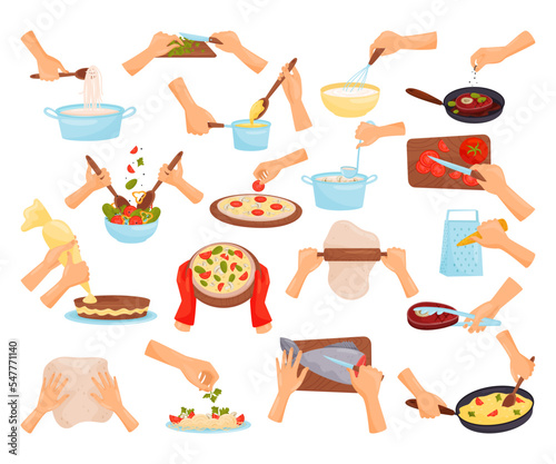 Set of hands cooking with kitchen tools. Hands rolling dough with rolling pin, baking cake, cooking pizza and pasta cartoon vector