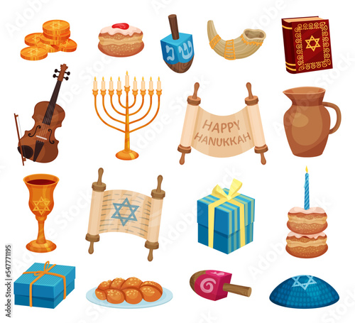 Hanukkah symbols set. Jewish holiday traditional symbols cartoon vector