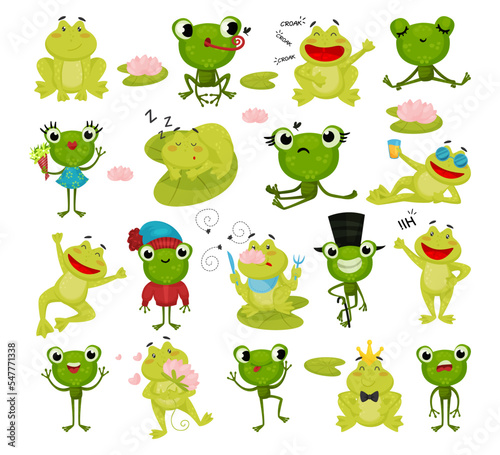 Cute frog characters set. Adorable funny little frog jumping, croaking, catching flies and sleeping cartoon vector