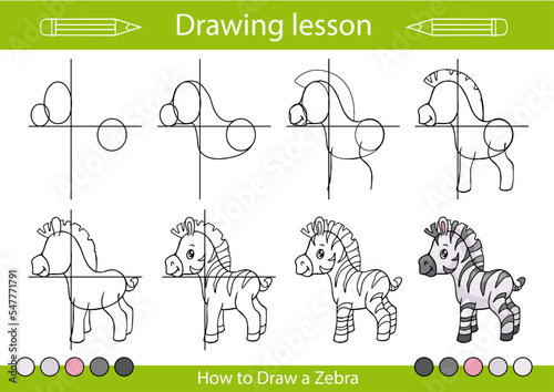 Drawing tutorial and art lesson. How to draw a zebra. Kids activity page. Children education step by step worksheet. Vector illustration.