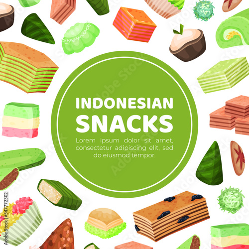 Traditional snacks of Indonesia banner. Oriental Asian cuisine dishes poster, card template cartoon vector