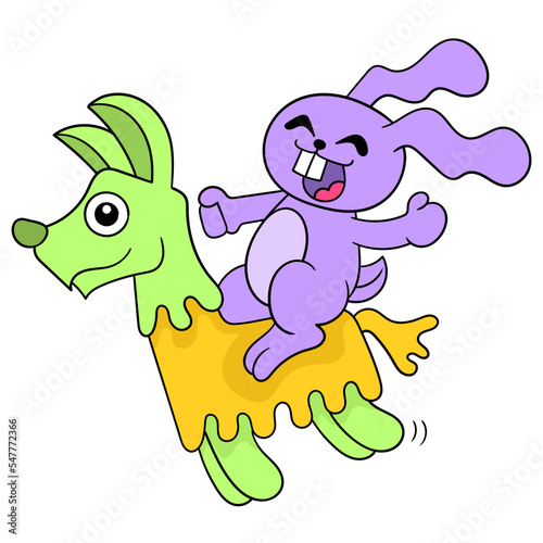 Vector design of a rabbit cartoon character is having fun playing riding the horse toy carousel