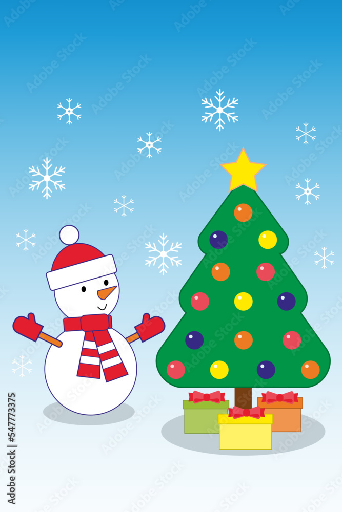 Cheerful snowman and Christmas tree. Christmas card. Cheerful snowman and Christmas tree. Christmas card.