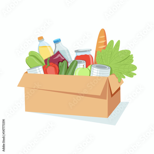 Vector illustration of food donation concept isolated on white background. Butter, bread, fruits, milk, canned food.