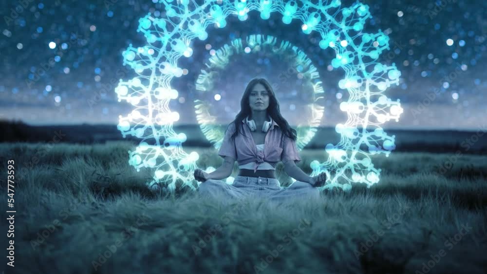Woman in lotus position over shine ornate mandala. Starry sky with hills at summer. Beautiful girl having a yoga meditation session in the field during a starry night - healthy lifestyle, zen concept Woman in lotus position over shine ornate mandala. Starry sky with hills at summer. Beautiful girl having a yoga meditation session in the field during a starry night - healthy lifestyle, zen concept