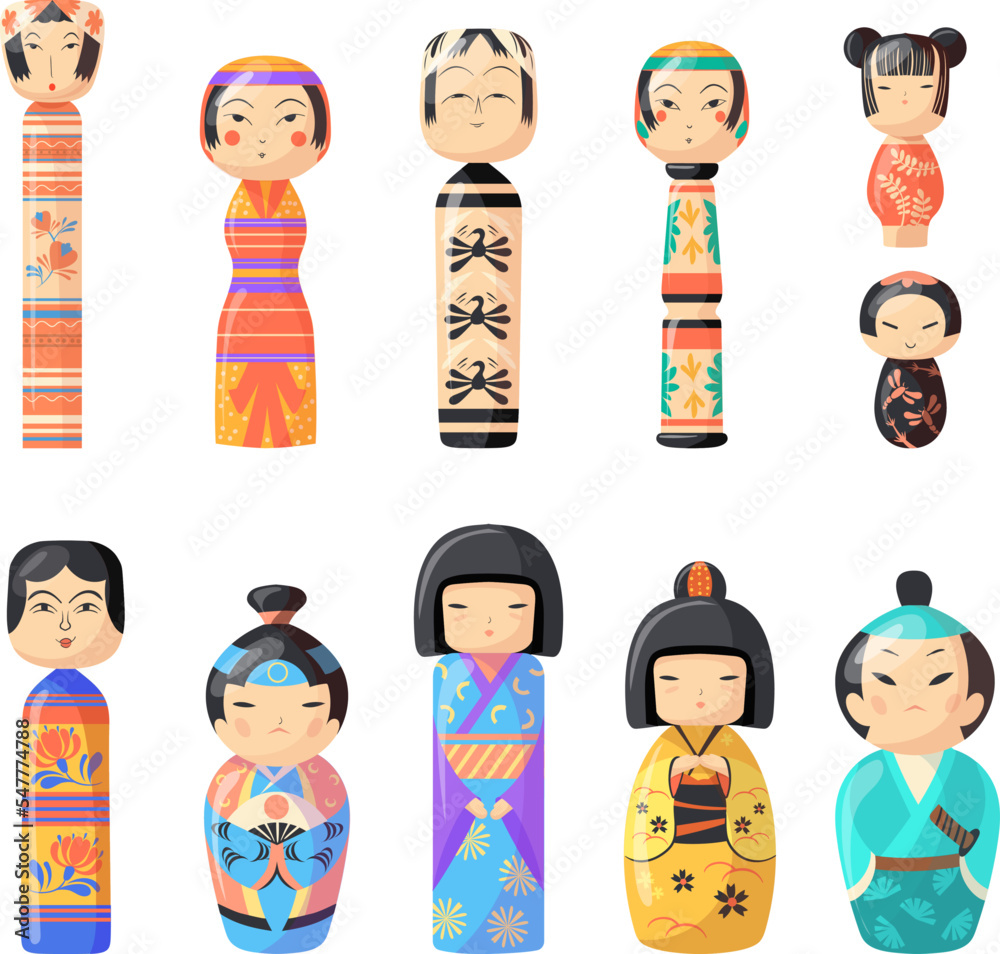 Kokeshi doll. Japan dolls mascot in kimono, traditional japanese toy  cartoon kawaii chinese girl cute face adorable puppe souvenir asian girls  toys, set neat vector illustration vector de Stock | Adobe Stock