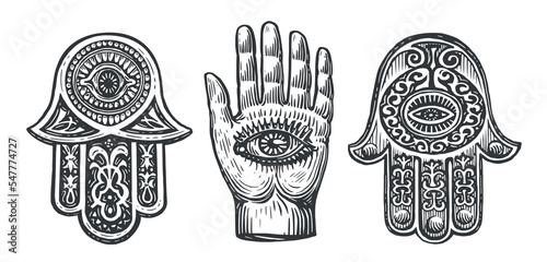 Hamsa or Hand of Fatima with ornaments sketch. Amulet, symbol of protection from devil eye. Vintage vector illustration