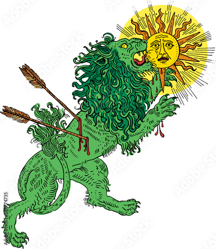 Alchemical symbol green lion devouring the sun. Mercury consuming gold. Spiritual transformation. Hand drawn medieval engraving tattoo style vector illustration. Esoteric, occult, witchcraft, alchemy.