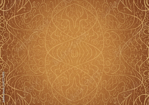 Hand-drawn unique abstract ornament. Golden splatters and light yellow on a darker yellow background and vignette in golden glitter on a darker background color. Paper texture. A4. (pattern: p02-2a)