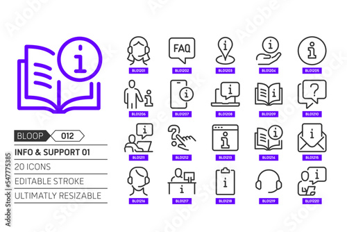 Info and support 01 related, pixel perfect, editable stroke, up scalable, line, vector bloop icon set.