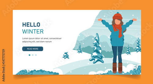 Girl playing with snow in winter. Concept for holidays, winter, Christmas. Hello winter template. Cute vector illustration in flat style