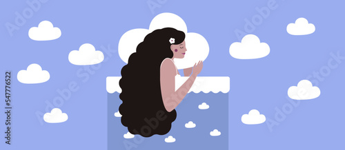 illustration of woman sleeping in the bed with sky background, vector illustration of dreaming girl with cloud pillow