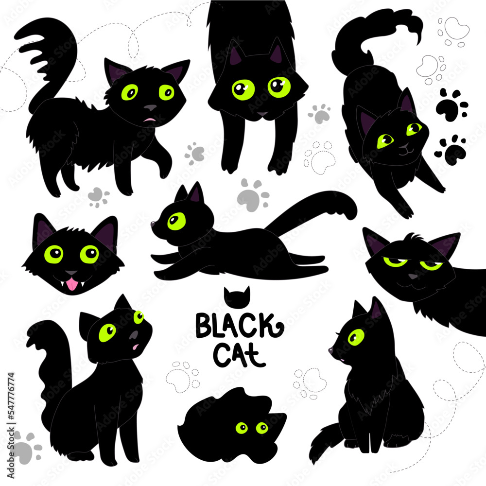 Vector illustration set of black playful black cats. Background for fabric, wallpaper, design. Children's illustration.