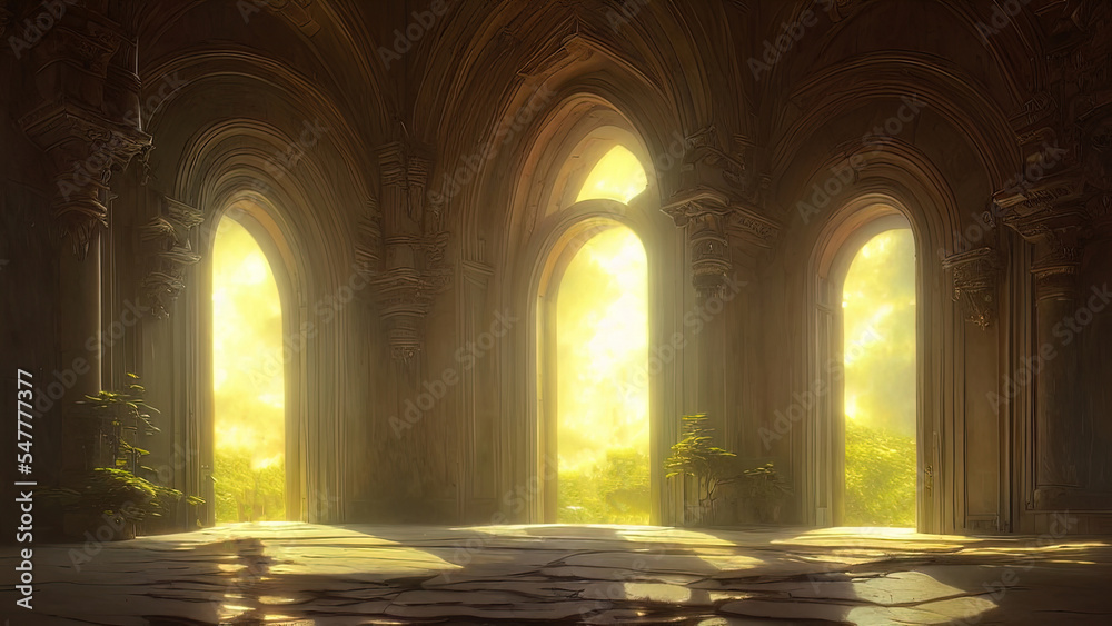 Obraz premium Large panoramic arched windows. Fantasy interior of the palace with windows to the garden. Rays of the sun, shadows. Majestic window.
