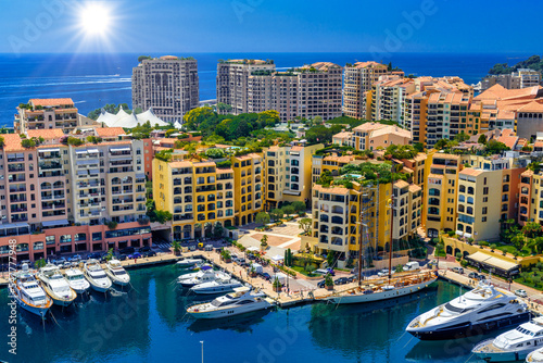 Yachts in bay near houses and hotels  Fontvielle  Monte-Carlo  Monaco  Cote d Azur  French Riviera